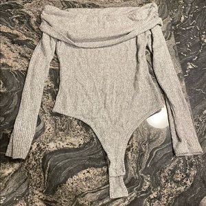 Gray Off-Shoulder Bodysuit Ribbed Sweater